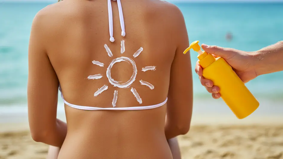 Donna in bikini sulla spiaggia, schiena con sole disegnato con crema solare applicata da mano maschile.